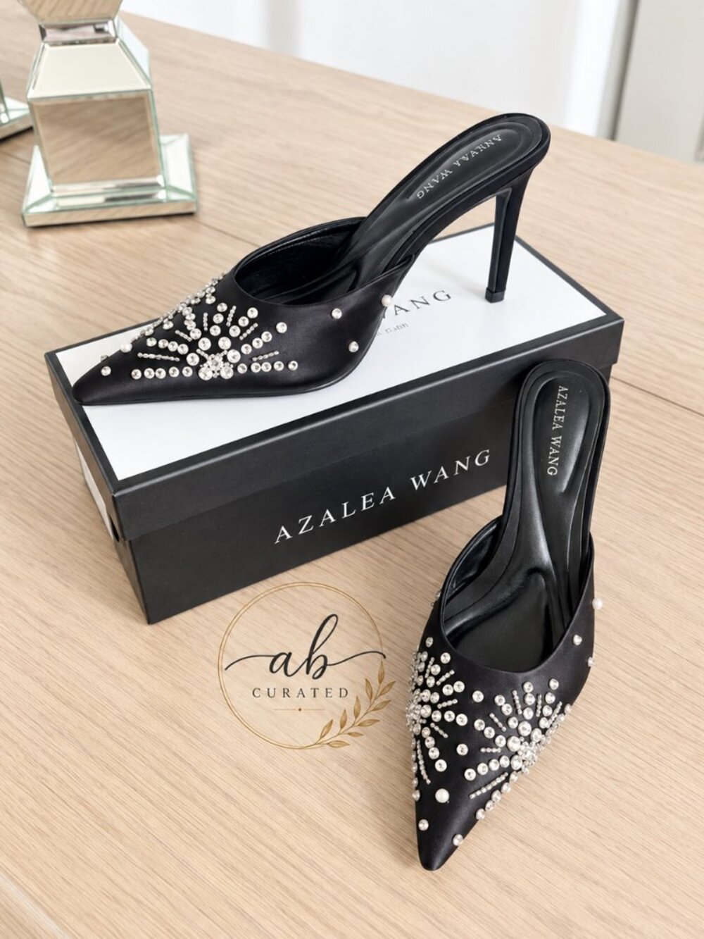 Azalea Wang Angelica Black Rhinestone Embellished Mule Heels Size 8 NIB